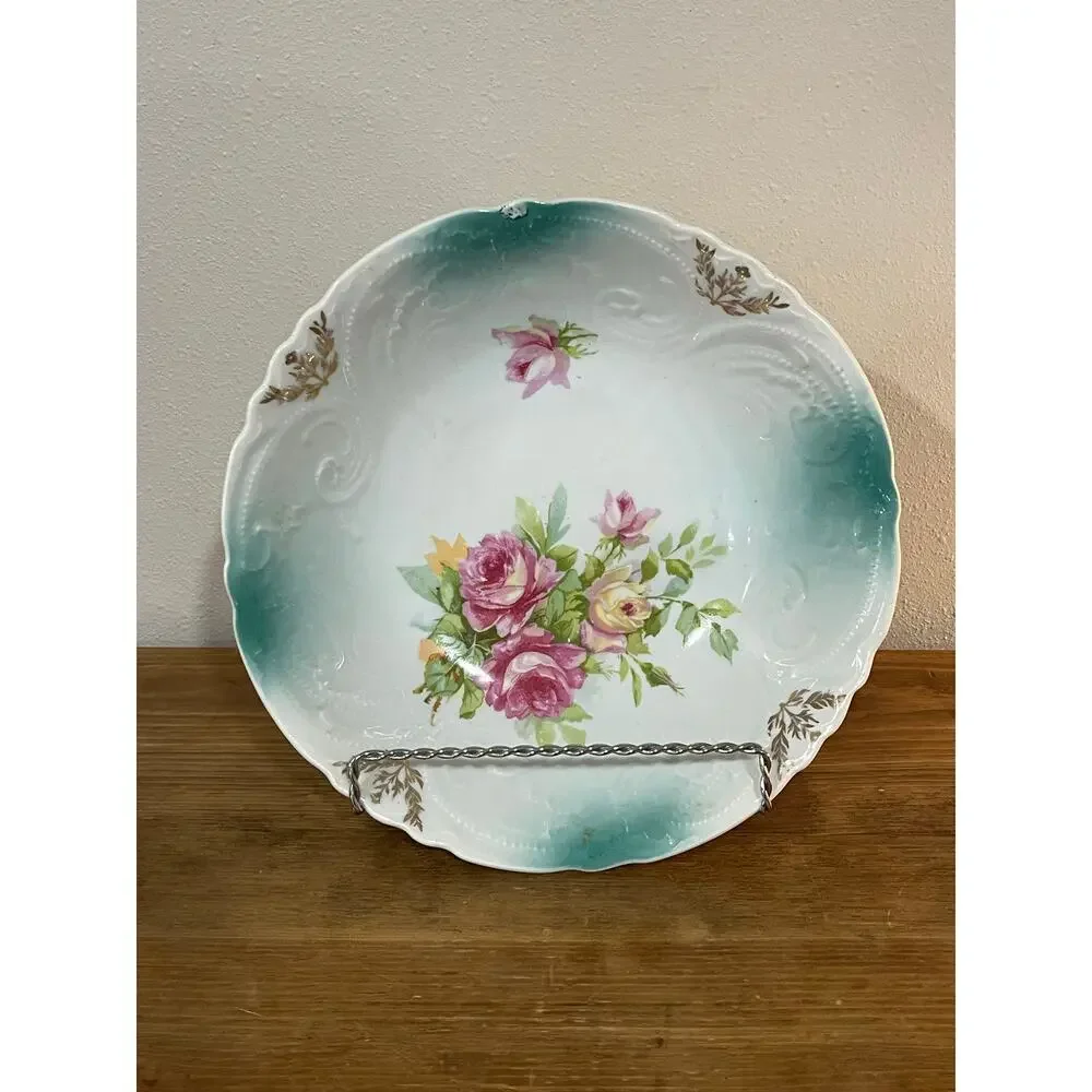 Vintage‎ Floral Serving Bowl 9” Pink Roses Gold Trim Cottagecore